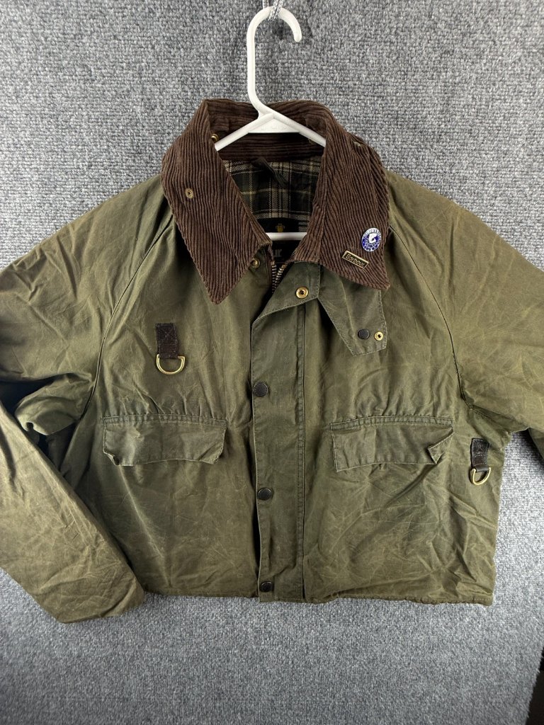 Vtg Barbour Spey A130 Waxed Jacket Green Men Fishing Wasting Angler Pin Short